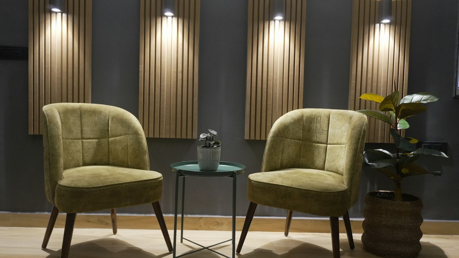 Duas poltronas e uma planta numa sala de atendimento acolhedora
